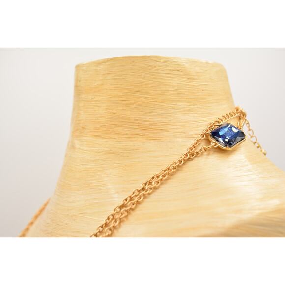 Blue Crystal Necklace Statement Chunky Brushed Gold Tone Chain Rhinestone Bin3B - Picture 9 of 12